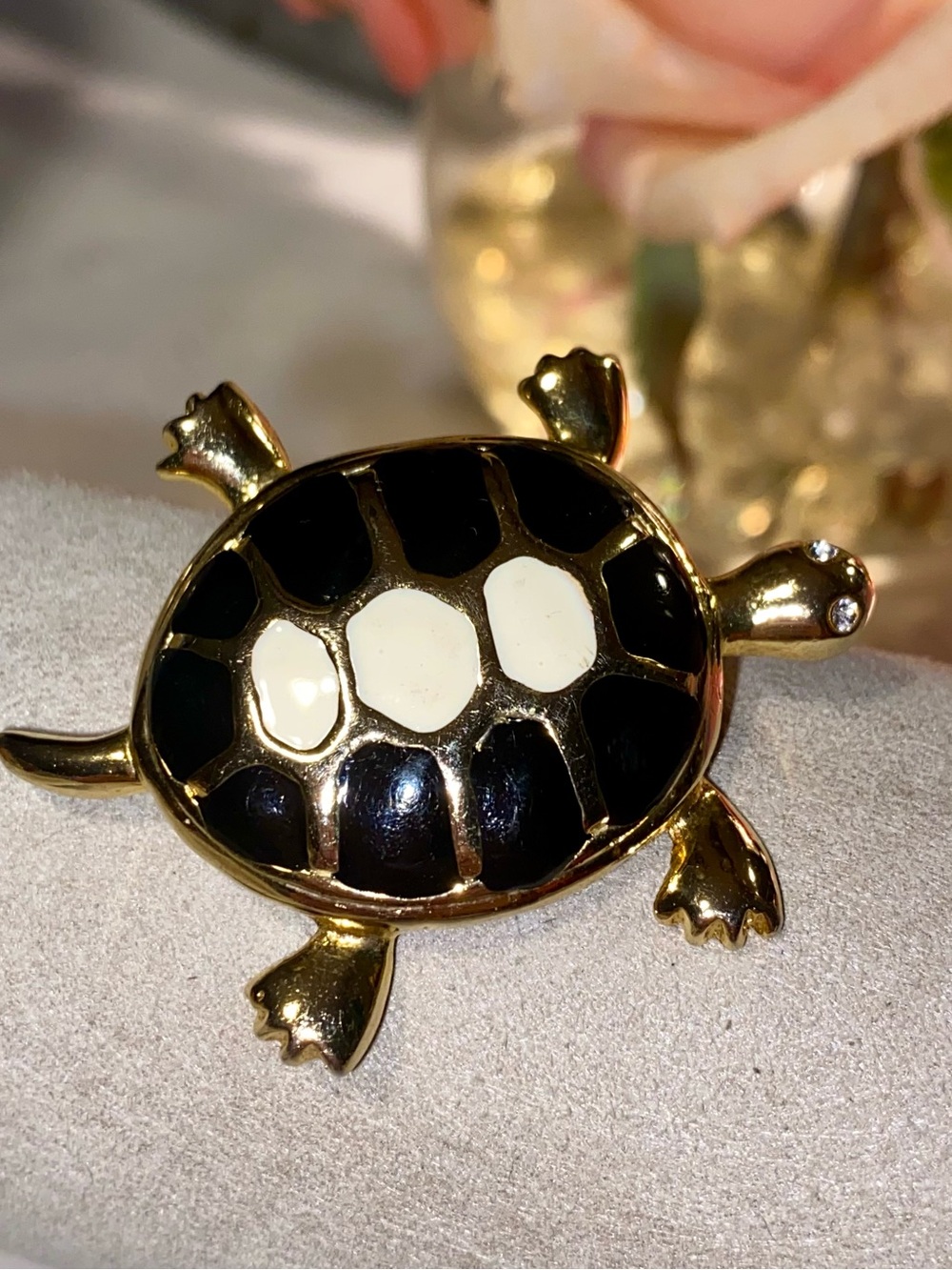 Gold Turtle Brooch with Black and Cream Enamel